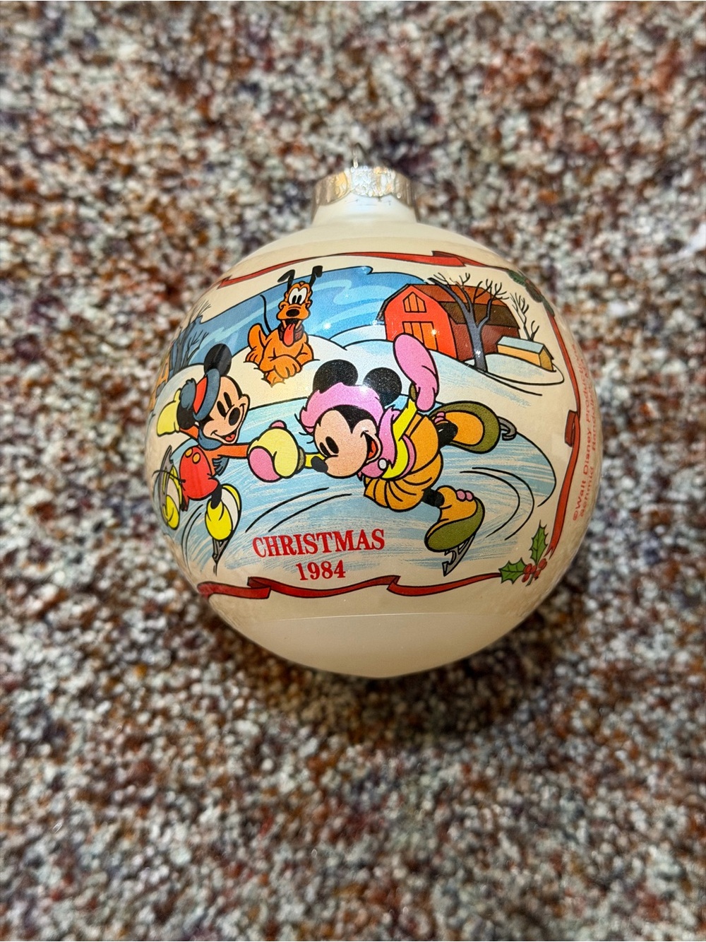Disney Christmas 1984 White Glass Ornament with Mickey & Minnie Ice Skating